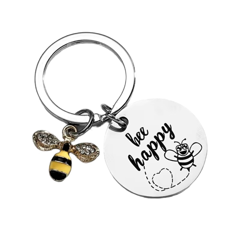 Bee Happy Silver Keychain with Bumblebee Charm